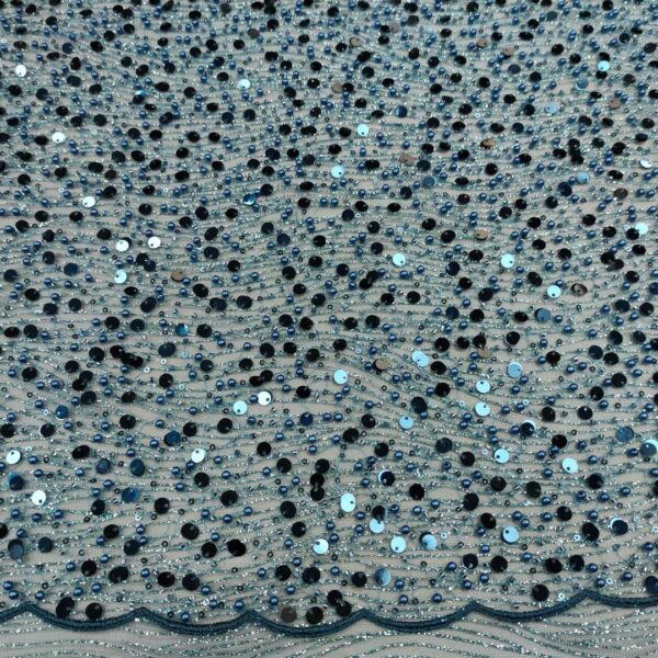 Tessuto Tulle glitter Ricamato con paillettes e con perline motivo astratto verde ottanio