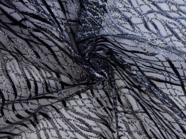 Tessuto Tulle mano seta con Glitter motivo astratto nero