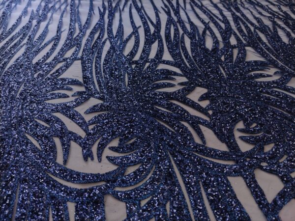 Tessuto Tulle mano seta con Glitter motivo floreale blu