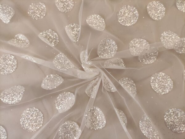 Tessuto Tulle mano seta con Glitter motivo pois bianco seta