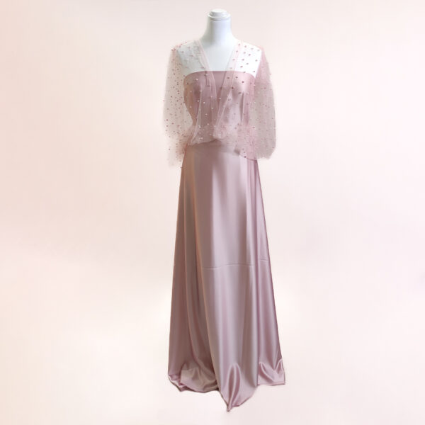 Tessuto tulle mano seta ricamato con perle rosa chiaro