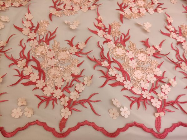 Tessuto Tulle mano seta ricamato con fiori in 3D pesca - rosso