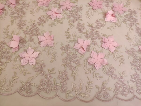 Tessuto Tulle mano seta ricamato con fiori in 3D rosa chiaro - beige