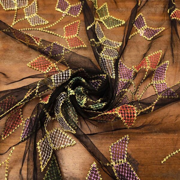 Tessuto Tulle ricamato motivo astratto verde - rosso - viola