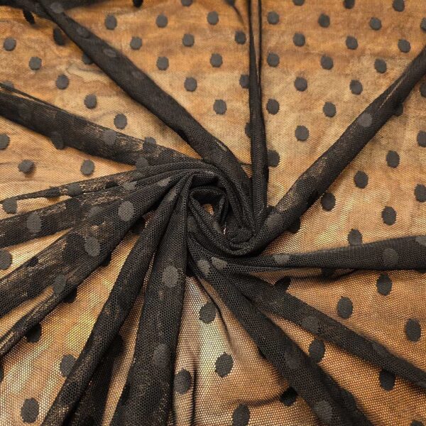 Tessuto tulle elasticizzato motivo pois medio nero