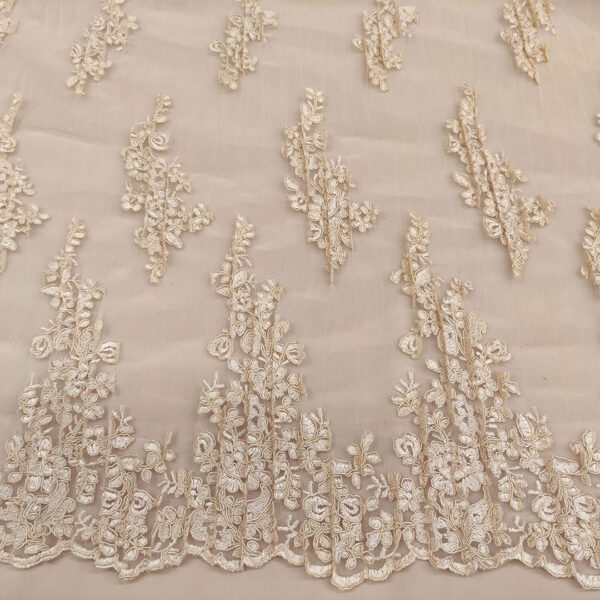 Tessuto Tulle - pizzo mano seta plissettato ricamato tinta unita champagne
