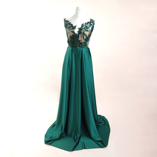 Tessuto tulle mano seta - pizzo ricamato con pietre e con paillettes motivo floreale verde bottiglia