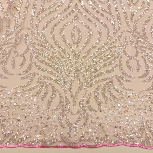 Tessuto Tulle - pizzo mano seta ricamato con paillettes motivo geometrico rosa antico