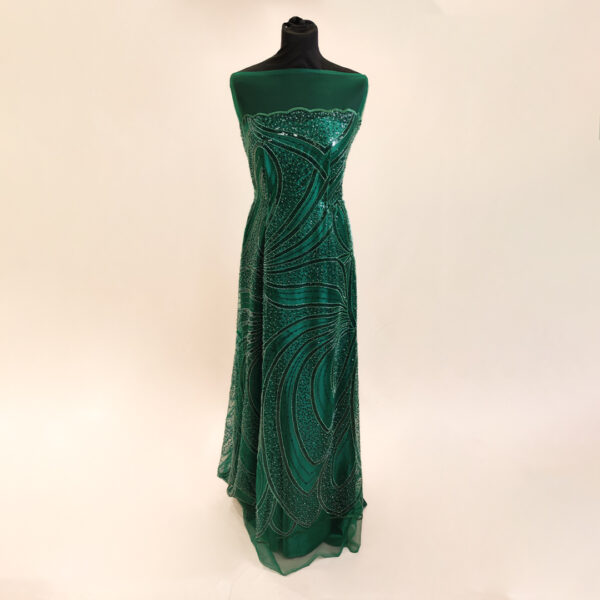Tessuto Tulle-Pizzo ricamato con paillettes e perle motivo astratto verde