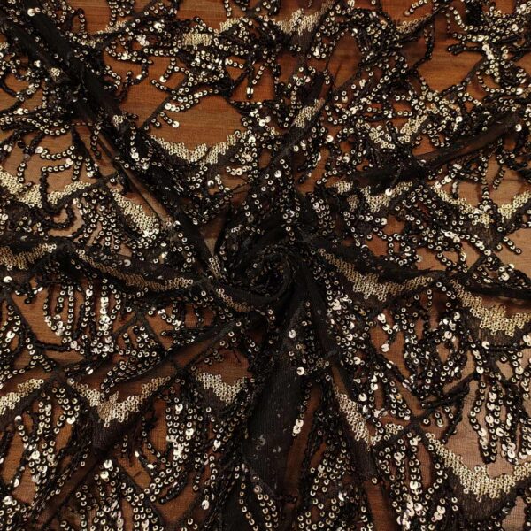 Tessuto Tulle Elasticizzato Ricamato con paillettes a frange motivo geometrico nero - oro