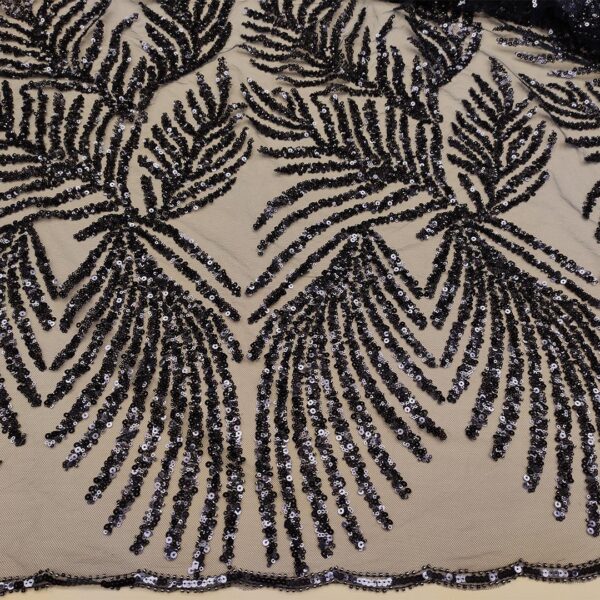 Tessuto Tulle mano seta ricamato con paillettes e con perline motivo astratto blu notte