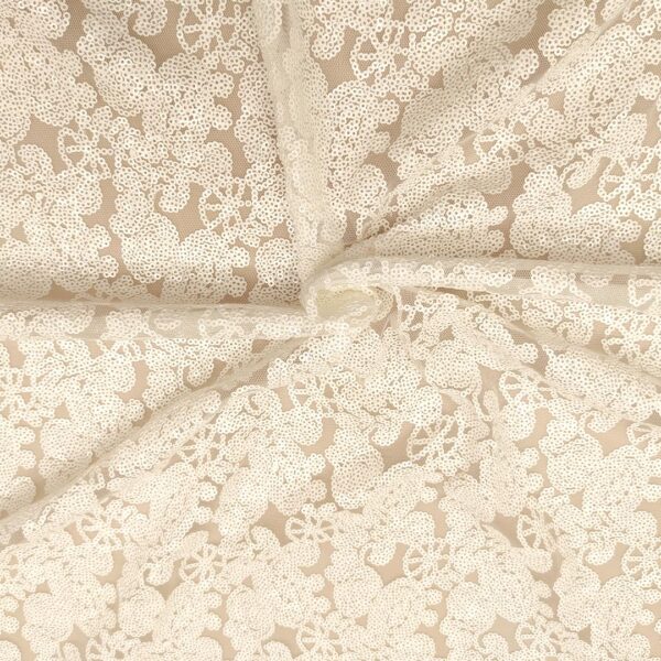 Tessuto Tulle mano seta ricamato con paillettes motivo astratto bianco seta