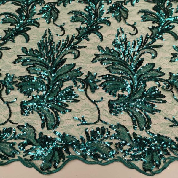 Tessuto Tulle mano seta Ricamato con paillettes e con perline motivo floreale verde bottiglia