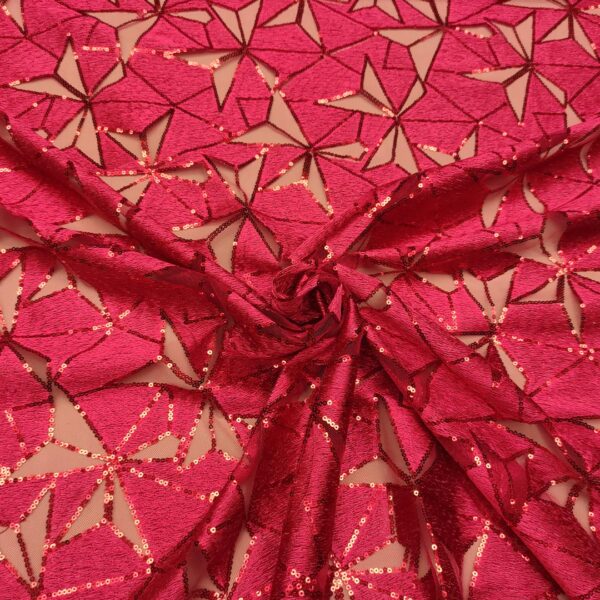 Tessuto Tulle mano seta ricamato con paillettes motivo geometrico ciliegio