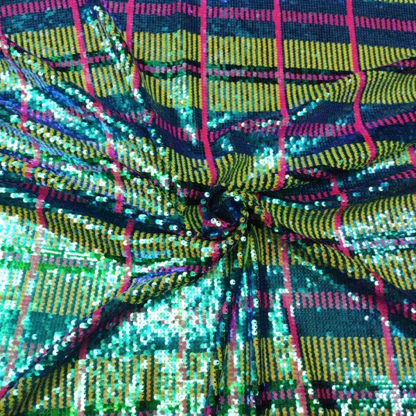 Tessuto Tulle ricamato con paillettes motivo geometrico giallo fluo - fucsia - bluette