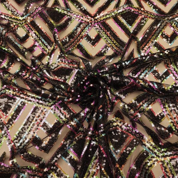 Tessuto Tulle mano seta ricamato con paillettes motivo geometrico nero - fucsia - giallo - verde