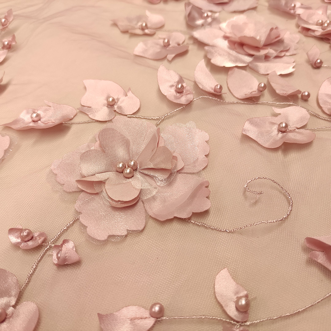 CaPiSo Nastro Organza Con Rose E Perle - 10 Metri, Largo 1cm - Color Crema