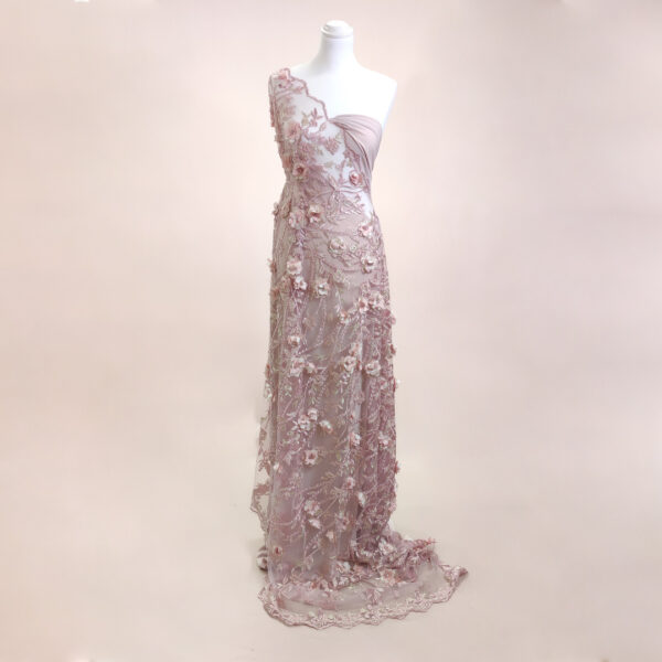 Tessuto Tulle - pizzo mano seta ricamato con perle e fiori 3D motivo floreale rosa