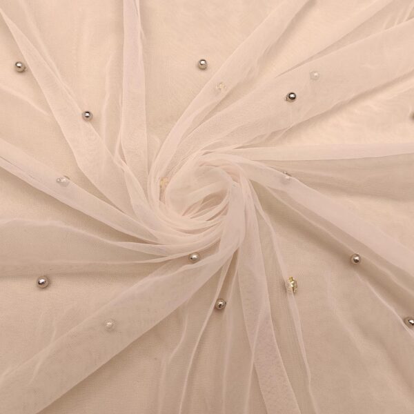 Tessuto Tulle mano seta ricamato con perle e con cristalli rosa