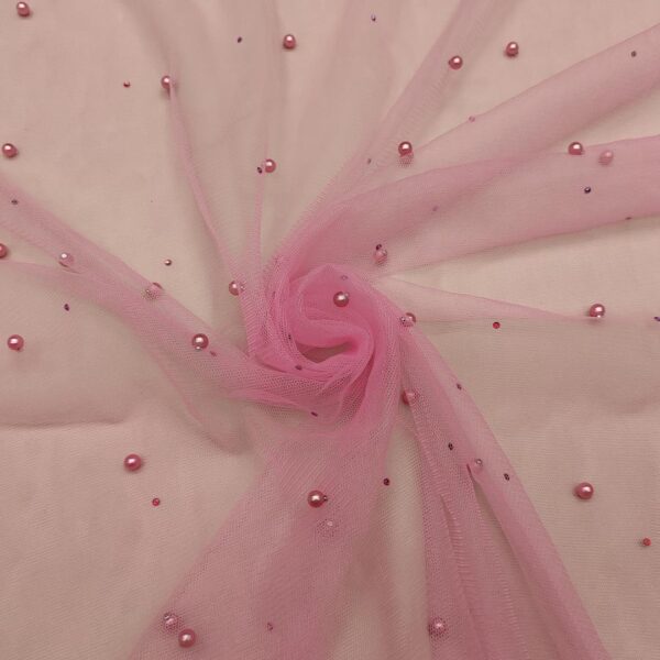 Tessuto Tulle mano seta ricamato con perle e con strass big bubble