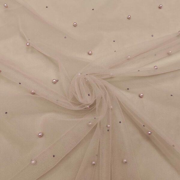 Tessuto Tulle mano seta ricamato con perle e con strass rosa