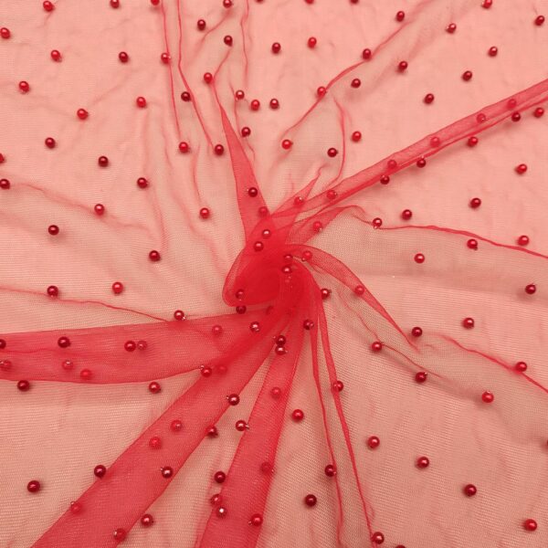 Tessuto Tulle mano seta ricamato con perle rosso