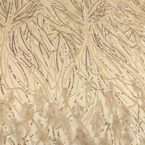 Tessuto Tulle mano seta ricamato con perline con paillettes e con piume beige - oro