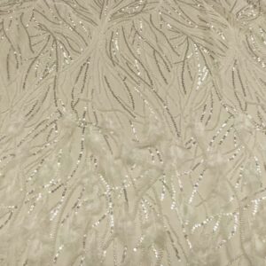 Tessuto Tulle mano seta ricamato con perline con paillettes e con piume bianco seta