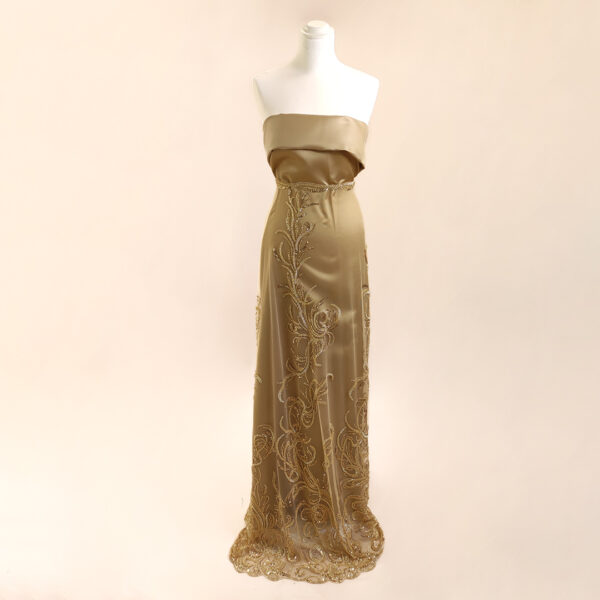 Tessuto Tulle-Pizzo ricamato con perline e paillettes motivo astratto oro