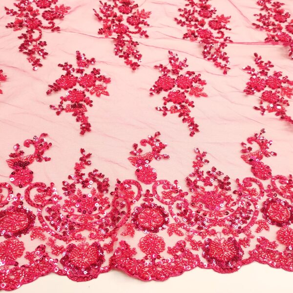 Tessuto Tulle mano seta doppio smerlo ricamato con paillettes e con perline motivo floreale ciliegio
