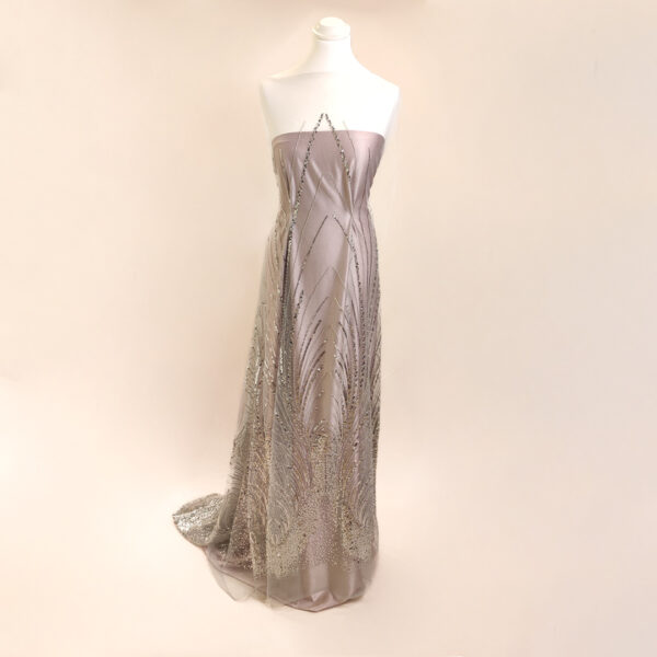 Tessuto Tulle-Pizzo ricamato con perline motivo astratto grigio
