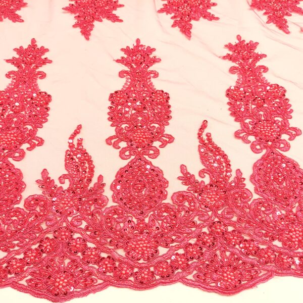 Tessuto Tulle mano seta doppio smerlo ricamato con paillettes e con perline motivo floreale arabo ciliegio