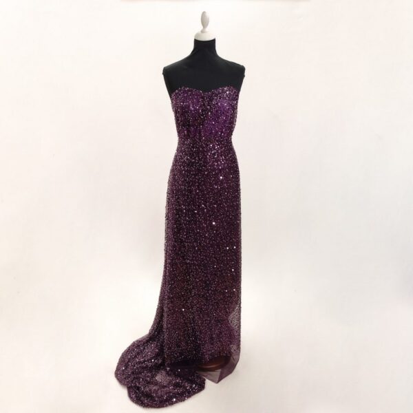 Tessuto tulle mano seta ricamato con pietre - con paillettes vinaccio