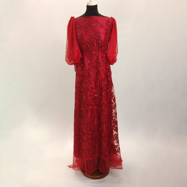 Tessuto tulle mano seta ricamato con pietre - con paillettes motivo floreale rosso abbinato a Tessuto Tulle motivo pois