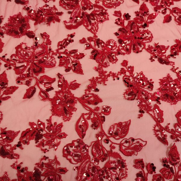 Tessuto tulle mano seta ricamato con pietre - con paillettes motivo floreale rosso