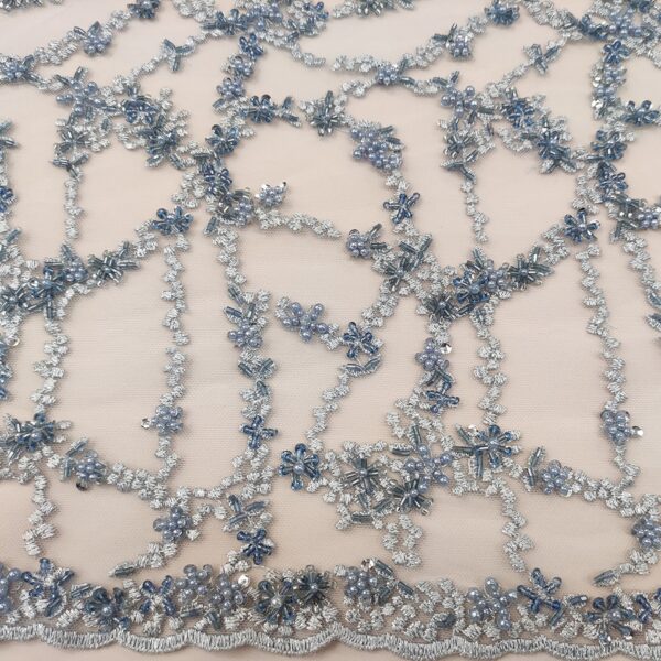 Tessuto tulle mano seta ricamato con pietre - con perle motivo floreale celeste - carta da zucchero