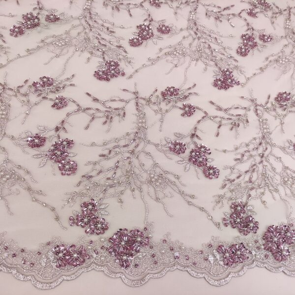 Tessuto tulle mano seta ricamato con pietre - con perle  motivo floreale rosa chiaro - rosa scuro