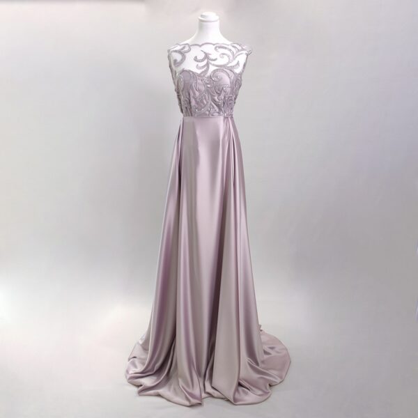 Tessuto tulle mano seta ricamato con pietre - con paillettes  motivo floreale lavanda abbinato a Tessuto Cady Sposa