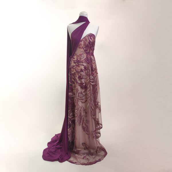 Tessuto tulle mano seta ricamato con pietre - con perle  motivo floreale vinaccio - rosa scuro