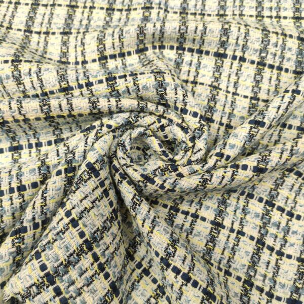 Tessuto Tweed Bouclé in cotone blu - celeste - giallo - bianco