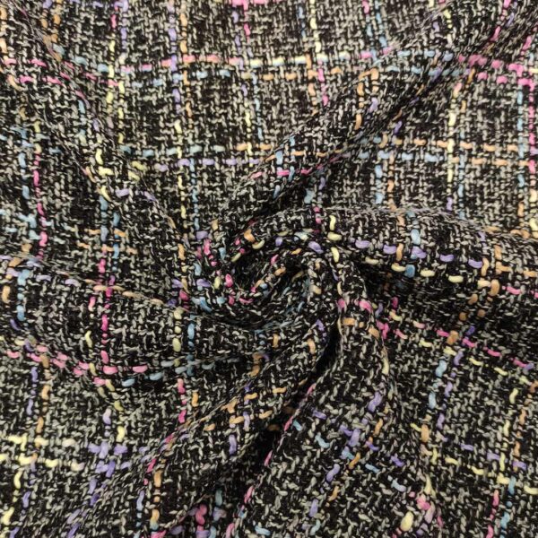 Tessuto Tweed Bouclé motivo quadri nero - lilla - rosa