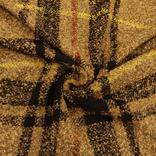 Tessuto Tweed bouclè motivo quadri tabacco - coccio - giallo - nero