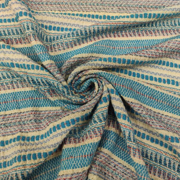 Tessuto Tweed Bouclé in cotone motivo rigato turchese - celeste - panna - rosso