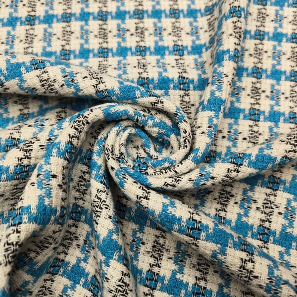 Tessuto Tweed Bouclé in cotone azzurro - bianco - nero