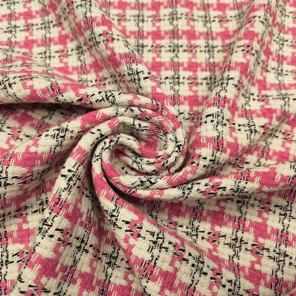 Tessuto Tweed Bouclé in cotone bianco - fucsia - nero