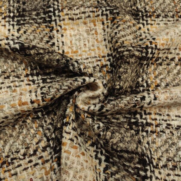 Tessuto Tweed Bouclé in lana motivo quadri beige - nero - giallo