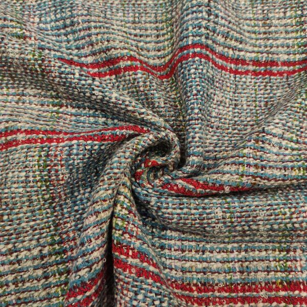 Tessuto Tweed Bouclé in lana quadri grande celeste - rosso - panna