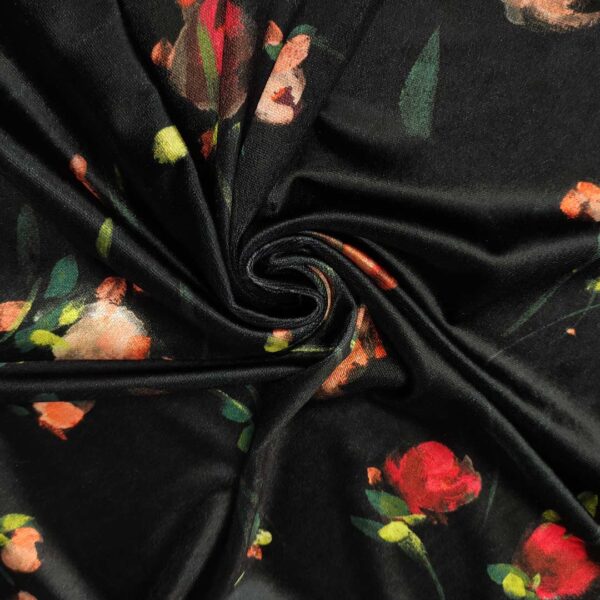 Tessuto Velluto elasticizzato a fantasia motivo floreale nero - rosso - giallo