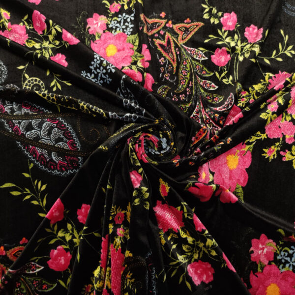 Tessuto velluto a fantasia motivo floreale nero - fucsia - carta da zucchero