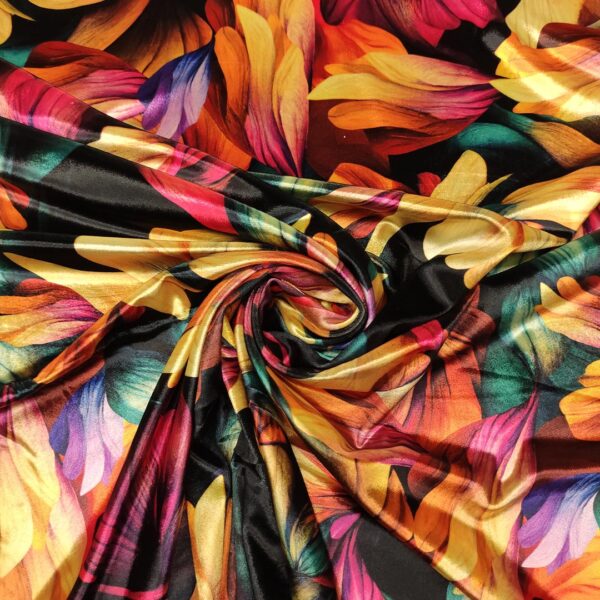 Tessuto velluto elasticizzato a fantasia motivo floreale nero - azalea - giallo - verde petrolio